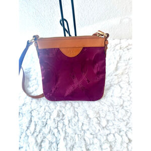 Lauren Ralph Lauren burgundy nylon crossbody bag with a tan leather trim